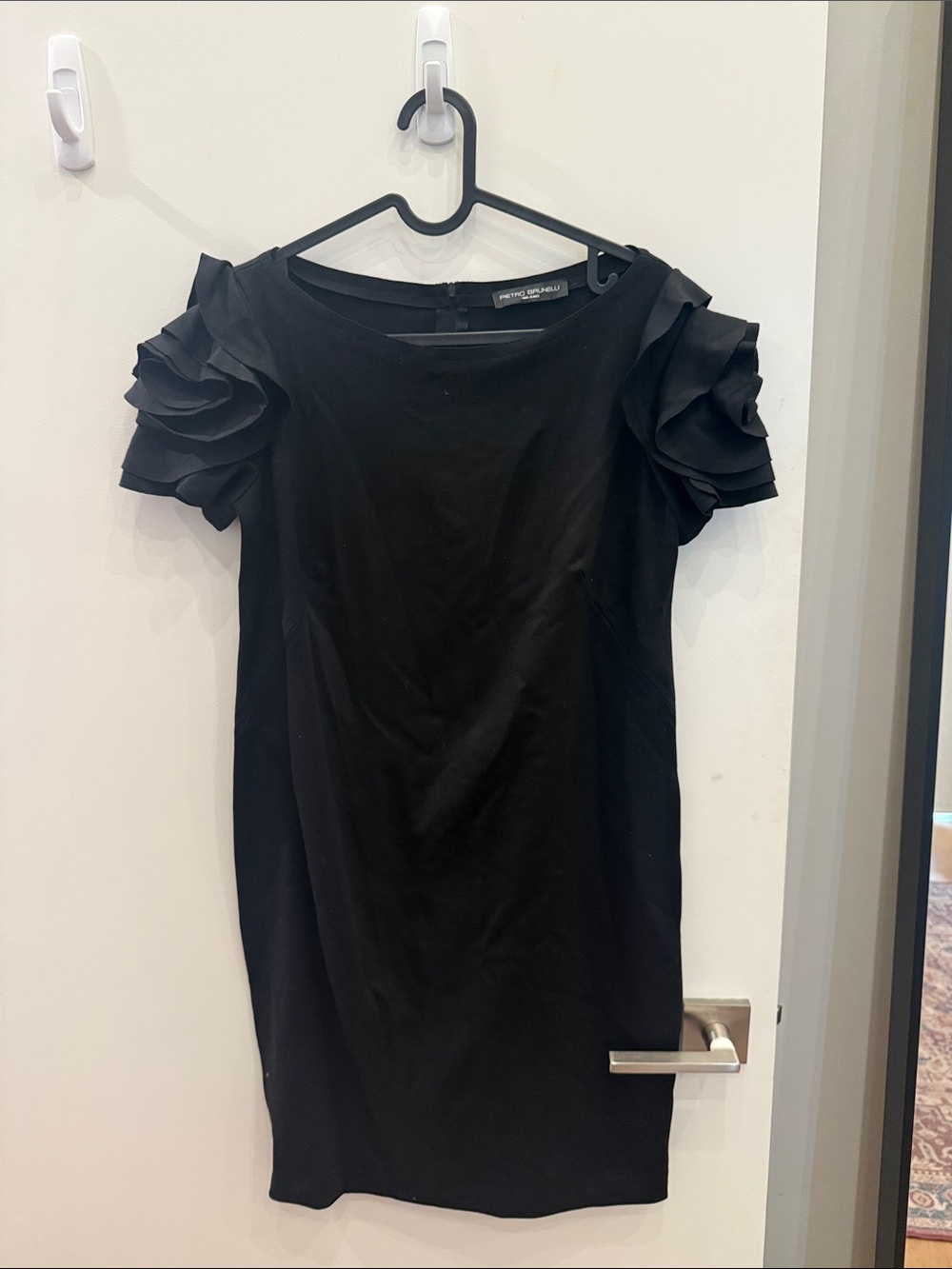 Maternity Pietro Brunelli Black Mini Dress with Layered Ruffle Sleeves